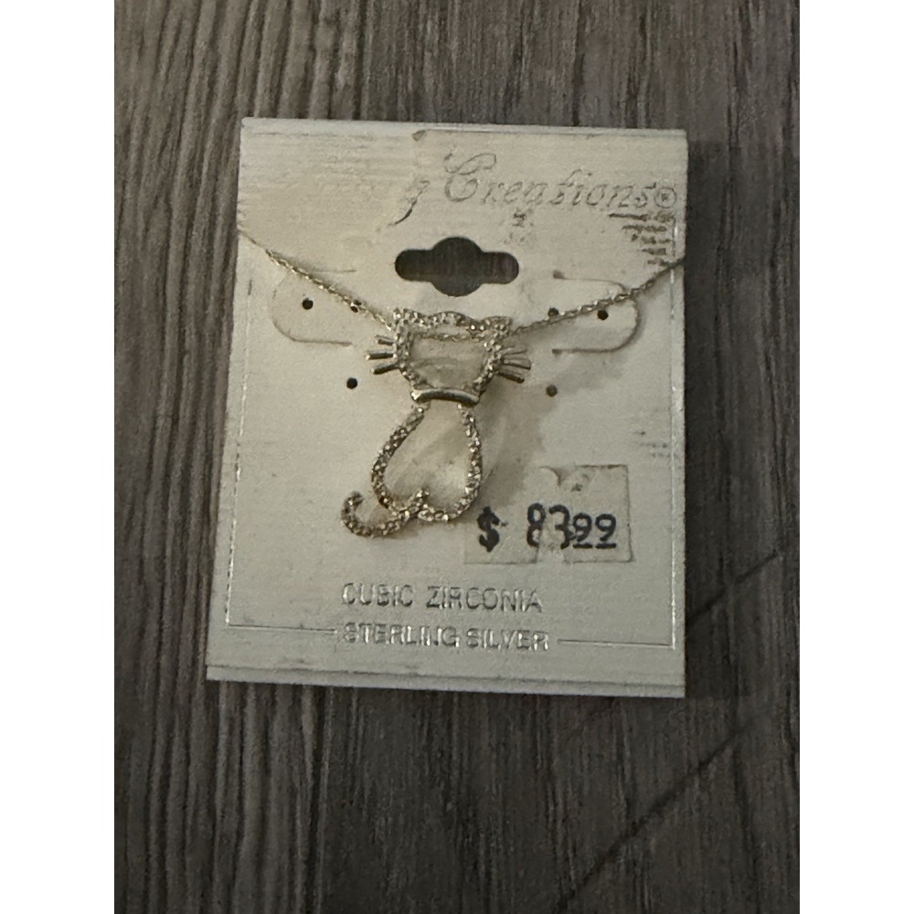 Small Kitty Cat Necklace Crystal Cubic Zirconia Sterling Silver  18" Chain NEW